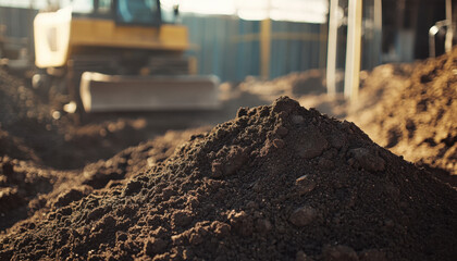A bulldozer is actively engaged in earth moving tasks at a construction site. The focus is on a freshly dug mound of dark soil in the foreground, highlighting construction activities