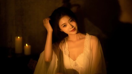 Romantic South Korean Woman in Translucent Lace Robe, Candlelit Glow and Mystery