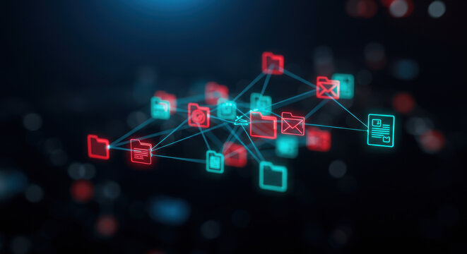 Data Network: Connected Folders & Files - Secure Information, Storage, Cloud Computing, Transfer, & Sharing. Digital System with Red and Blue Icons.