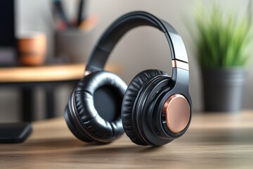 Black over-ear headphones with rose gold accents rest on a wooden desk.