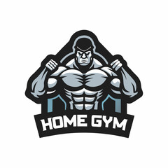 An athlete mascot image. Home gym club emblem. Bodybuilder logo. Flat style. Vector illustration.