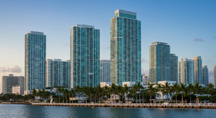 Obraz premium Miami Skyline: Turquoise Towers & Palm-Lined Waterfront at Dusk - A Stunning Cityscape View