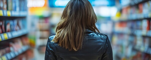 a woman walking down an aisle in a grocery store.