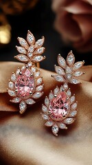 Fototapeta premium A pair of pink diamond earrings lay atop a gold cloth, against a backdrop of a beautiful rose