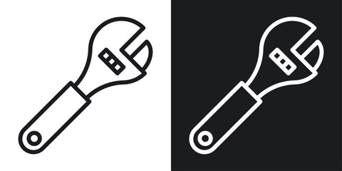 Adjustable wrench icon set in black and white stroke lines