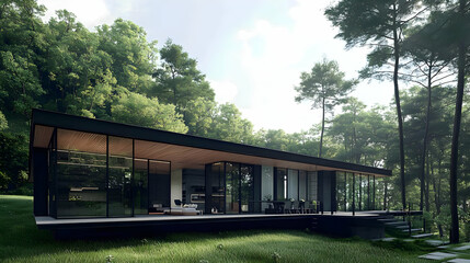 Modern Black Rectangular House with Glass Walls in a Lush Green Forest Setting on a Bright Sunny Day