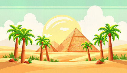 Obraz premium Artistic depiction of pyramids with palm trees in desert landscape, vibrant imagery
