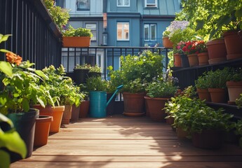 Fototapeta premium Cozy Urban Balcony Garden With Abundant Potted Plants, Lush Greenery, Vibrant Flowers, Sunny Spaces, and Natural Light Enhancing Serenity and Relaxation