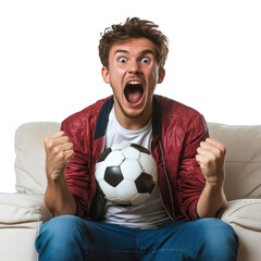 Excited fan celebrating a goal while watching soccer match at home on transportation background
