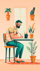 A writer writing a novel watercolor image. Flat style. Vector illustration.