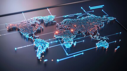 Fototapeta premium A 3D render of a digital world map with glowing data points, symbolizing the worldwide exchange and tracking of information.