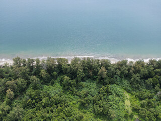 Aerial View of a Beach in Indonesia, with Tropical Trees Overlooking the Calm Sea