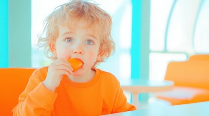 A young boy with a disgusted expression, reluctantly eating a piece of bell pepper, sitting in a brightly lit dining area,