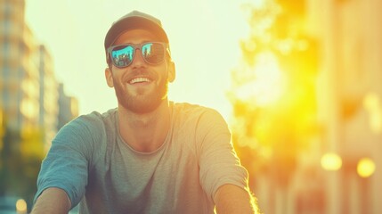 Man riding a shared bike in an urban cityscape, symbolic of sustainable transportation, modern background, natural light
