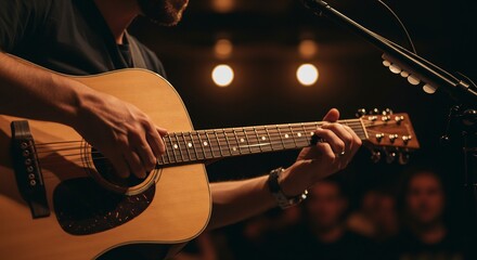 Obraz premium Close-up of a Male Musician Playing Acoustic Guitar on Stage