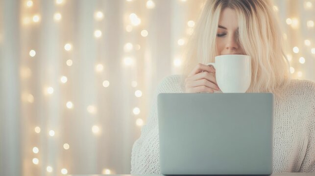 Woman sipping tea at a desk with a laptop and flowers, soft lighting, cozy and peaceful workspace