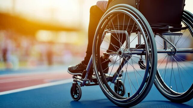 Person in wheelchair enjoys an outdoor sporting event during sunset on a track