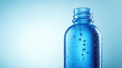 Naklejka premium A blue tinted glass bottle with water droplets on it, evoking freshness and purity for health or product marketing.