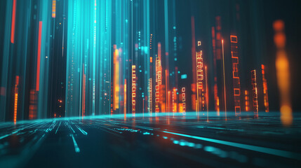Futuristic background with data and digital interfaces. Background with neon, blue, and orange lights for tech presentations. Ideal background for finance apps and innovation.
