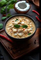 Creamy Coconut Curry with Vegetables and Spices in a Black Bowl Garnished with Fresh Mint Leaves on a Wooden Serving Board