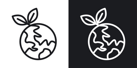 Green earth planet icon set in black and white stroke lines
