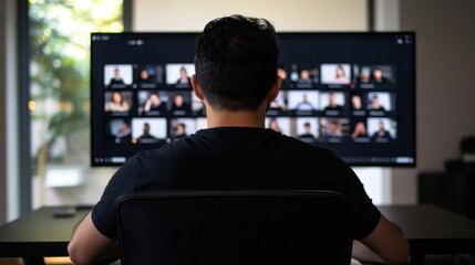 A startup leader holding a virtual meeting on a large monitor, with remote team members appearing in a grid layout,