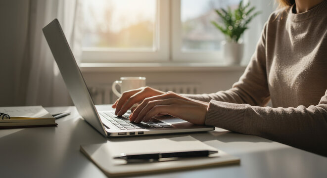 Woman Typing on Laptop: Cozy Home Office, Remote Work & Productivity, Sunlight, Workspace, Freelance, Blogger, Writer, Online, Coffee, Relaxing