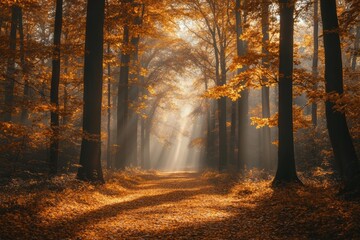 Obraz premium Enchanted Forest Pathway Illuminated by Golden Autumn Light
