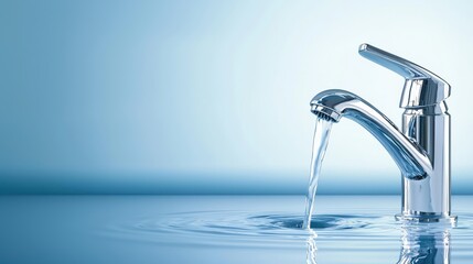 A shiny chrome faucet with water running, creating a reflective and polished look.