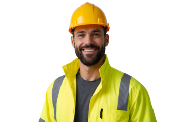 Smiling construction worker wearing a yellow reflective jacket and hard hat, isolated on transparent background