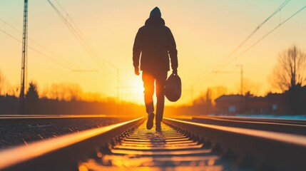 A silhouetted figure walking along train tracks at dawn, carrying a large bag, with dramatic lighting and a muted color palette symbolizing resilience and determination,