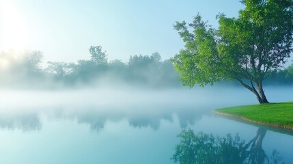 Obraz premium Soft, thick fog enveloping a serene landscape, adding depth and atmosphere to the scene with gentle haze.