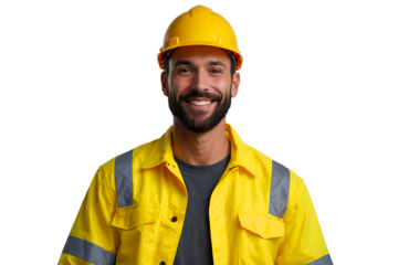 Smiling  construction worker wearing a yellow reflective jacket and hard hat, isolated on transparent background