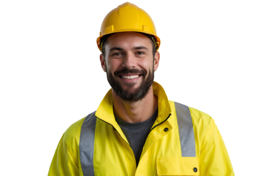 Smiling construction worker wearing a yellow reflective jacket and hard hat, isolated on transparent background