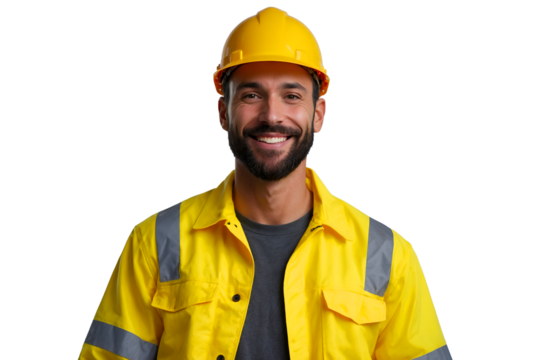 Smiling construction worker wearing a yellow reflective jacket and hard hat, isolated on transparent background