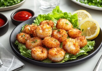Fototapeta premium Crispy Fried Shrimp Platter Served with Fresh Lettuce and Slices of Lemon on a Rustic Table Perfect for Seafood Lovers and Family Gatherings