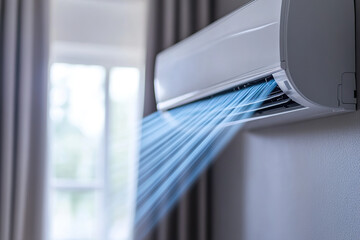 Obraz premium Stylish Scandinavian living room with modern air conditioning unit in cozy setting