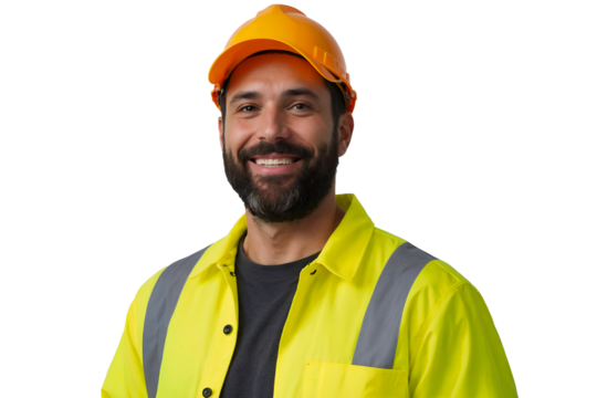 Smiling construction worker wearing a yellow reflective jacket and hard hat, isolated on transparent background