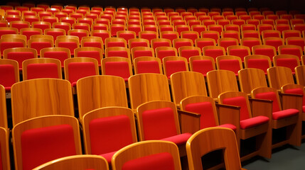 Empty Rows of Wooden Theater Seats with Red Cushions