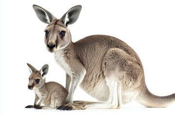 Fototapeta premium Kangaroo and Baby Kangaroo Standing Together on White Background