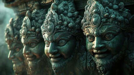 Fototapeta premium Carved stone faces display intricate detail, weathered with age, under dim light