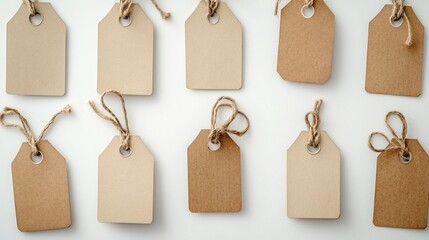 Ten blank, brown paper tags arranged on a white background with twine ties