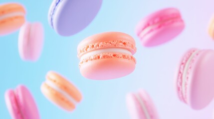Obraz premium Vibrant floating macarons in pastel colors - confectionery design for dessert lovers