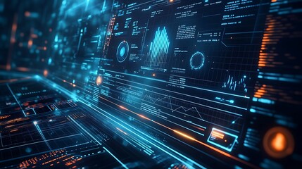 Fototapeta premium Futuristic Technology Interface: Immersive Digital Dashboard with Data Visualization, Artificial Intelligence, and Cyber Security for Modern Technology Solutions.