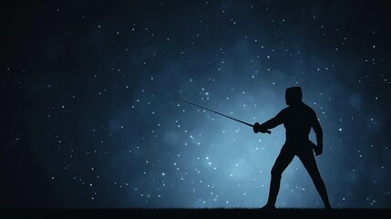 Silhouette of a swordsman poised for action against a starry blue background