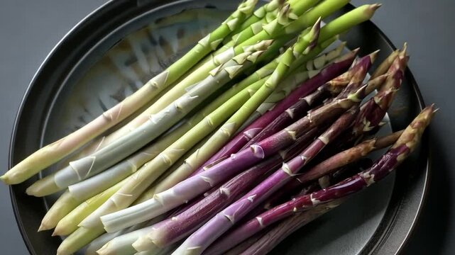 B&uuml;ndel frischer gr&uuml;ner und violetter Spargelstangen