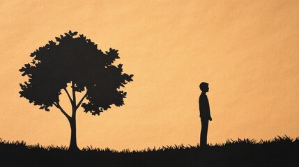 Silhouette of a man standing beside a tree against an orange backdrop, evoking introspection and solitude