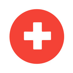 Medical icon of white cross on red circle, healthcare symbol