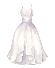 Watercolor illustration of white airy wedding dress. Festive bride's outfit for cards and invitations