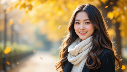 Fototapeta premium A Radiant Young Woman Smiles Warmly Amidst Falling Autumn Leaves, Her Beauty Enhanced By A Soft Cream Scarf And The Golden Glow Of The Season